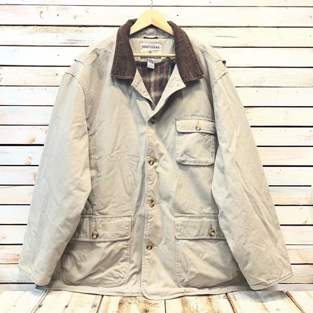 Highā Sierra Tan Cotton Canvas Barn Jacket Corduroy Collar Plaid Lined XXL